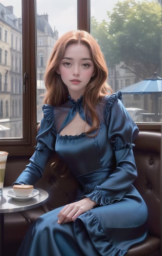 Photorealistic image ((Masterpiece)), ((high quality)) UHD 8K, of a beautiful girl, ((slim body)), realistic, (medium chest), (skinny waist), (long irish ginger hair), (blue eyes), ((wearing a blue silk dress with a large neckline and ruffles)), ((sitting in a cafe having a coffee, looking out the window))