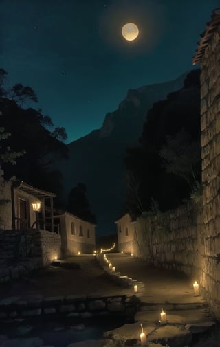 de noche, pueblo costero vikingo, antiguo, fiordo noruego de fantasía, casas iluminadas con antorchas, escena iluminada por la luna, buena iluminación, imagen fotorealista, obra maestra, alta calidad,8K, foco nitido