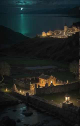 de noche, pueblo costero vikingo, antiguo, fiordo noruego de fantasía, casas iluminadas con antorchas, escena iluminada por la luna, buena iluminación, imagen fotorealista, obra maestra, alta calidad,8K, foco nitido