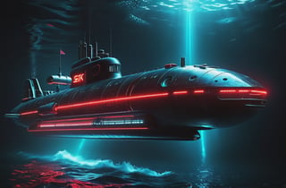 photorealistic image, masterpiece, high quality 8K, of a futuristic ((sci-fi large super submarine, underwater)), (((sailing under the sea))), Tron legacy, in space, black and red neon lights, good lighting, at night, sharp focus