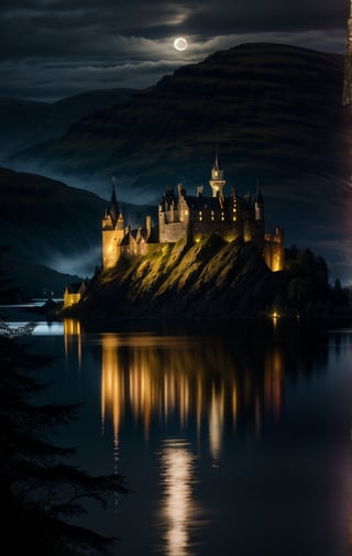 at night, castle village in Scotland, Loch Ness, beautiful moonlit lake Loch Ness, good lighting, realistic image, masterpiece, high quality 8K, sharp focus