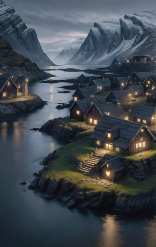 at night, viking coastal village, ancient, fantasy Norwegian fjord, torchlit houses, moonlit scene, good lighting, photorealistic image, masterpiece, high quality, 8K, sharp focus