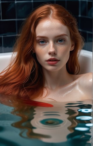 super realistic image, high quality uhd 8K, of 1 girl, detailed realistic ((slim body, high detailed)), ((skinny waist)), ((model tall)), long red hair, high detailed realistic skin, (((lying in the bath))), ((body under water)), (((body covered and completely covered by soap and water))), real vivid colors,