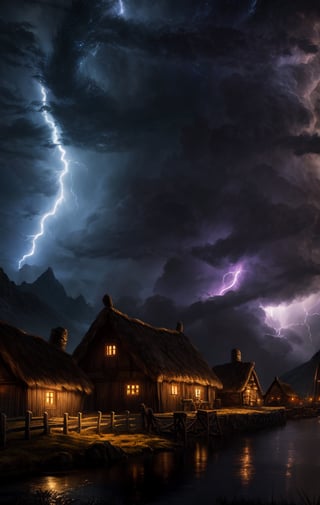 At night, viking village, fantasy ancient, lightning storm, thunder and tornado, moonlit scene, good lighting, photorealistic image, masterpiece, high quality, 8K, sharp focus