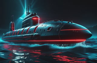 photorealistic image, masterpiece, high quality 8K, of a futuristic ((sci-fi large super submarine, underwater)), (((sailing under the sea))), Tron legacy, in space, black and red neon lights, good lighting, at night, sharp focus