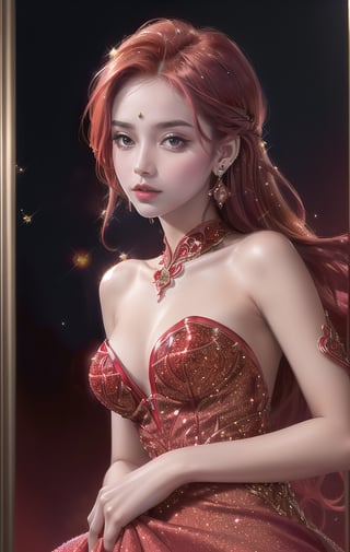 Super realistic image, NVIDIA RTX, super resolution, Unreal 5, Subsurface Dispersion, PBR Texturing, Post-processing, Maximum clarity and sharpness, Multi-layer textures, of (A very beautiful young woman, made of fire and incandescent flames), (Tall model), slim, (slim body), blue eyes, ((long, voluminous bright red hair, a rose in her hair)), (((Light skin with glitter, sparkly earrings, red evening princess dress with shiny red inlay, intricate details))), ((Portrait of face, shoulders and chest)), (high quality, Ultra-realistic scene, 8K RAW High Definition)