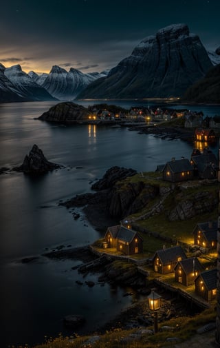 at night, viking coastal village, ancient, fantasy Norwegian fjord, torchlit houses, moonlit scene, good lighting, photorealistic image, masterpiece, high quality, 8K, sharp focus