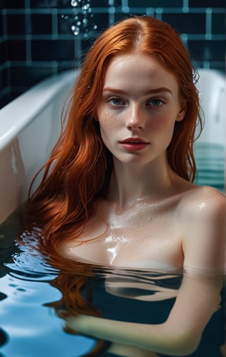 super realistic image, high quality uhd 8K, of 1 girl, detailed realistic ((slim body, high detailed)), ((skinny waist)), ((model tall)), long red hair, high detailed realistic skin, (((lying in the bath))), ((body under water)), (((body covered and completely covered by soap and water))), real vivid colors,
