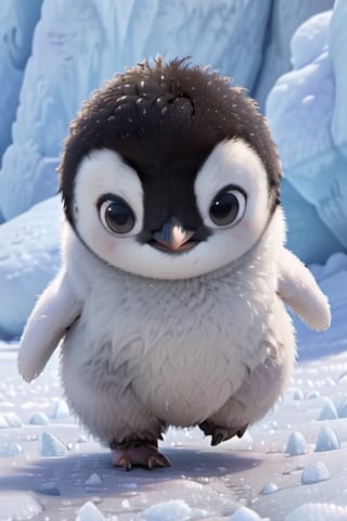 penguin, cute, adorable, fluffy fur, running, cave, ice and snow. realistic, ultra detail, natural, detailed face, real light and shadow, 3D cartoon, Disney Pixar style. 