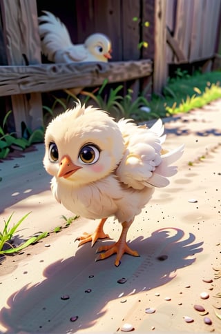 little chick, cute, adorable, fluffy fur, (running), running, wings, farm. big head and eyes, small body, realistic, ultra detail, natural, detailed face, real light and shadow, 3D cartoon, Disney Pixar style. 