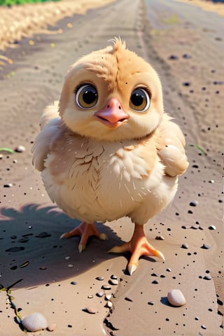 little chick, cute, adorable, fluffy fur, (running), running, farm. big head and eyes, small body, realistic, ultra detail, natural, detailed face, real light and shadow, 3D cartoon, Disney Pixar style. 