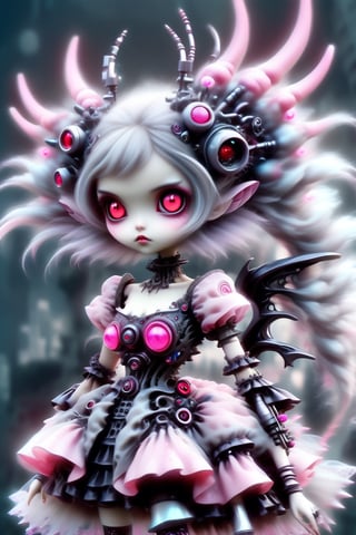 A fluffy robotic cyberpunk Lolita girl with black spiky cyborg horns, view from below. Depth and Dimension in the red Pupils, gracefully crystalline cheeks, her attire adorned with intricate pink lace and dark, ethereal fabrics,(intricate plastic horns) elegantly complement her elaborate hairstyle, creating a mystical and captivating presence. Her glowing eyes, reminiscent of acyberpunks's gaze, exude an otherworldly charm, adding a touch of fantasy to the Gothic Lolita aesthetic. The fusion of traditional Lolita elements with cyberpunk-inspired details results in a unique and enchanting character,cyber-themed,goth person,lolita_fashion,echmrdrgn, (cyberpunk colors, grunge but extremely beautiful:1.2), dark futuristic cyborg background, EpicLand,c1bo,Cyberpunk,style,DonMB4nsh33XL 