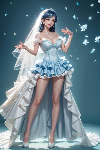 ((M-shape spread legs, exposed breasts, She wears revealing blue frilled weeding dress, Wedding gown (veil), blue very long hair, large breasts 2.0)), cute pose, large breasts, cleavage , blue eyes, (Masterpiece), full body shot, best quality, high resolution, highly detailed, detailed background, movie lighting, 1girl, idol, underbust, stage, stage lights, music, blush, sweet smile, sweat, concert, ruffles, confetti, hearts, hair accessories, hair bows, gems, jewelry, neon lights , bow tie , pointing, spotlight, sparkles, light particles, frame breasts, cross lace, white stockings,ryuubi,lift skirt,hmnl,ho1