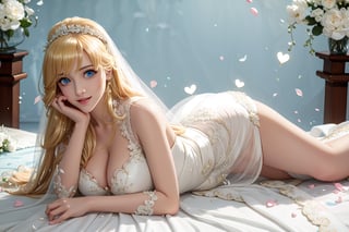 ((lying down on bed, bending the knee, knees together, exposed breasts, She wears revealing pink frilled weeding dress, Wedding gown (veil), blond very long hair, large breasts 2.0)), cute pose, large breasts, cleavage , blue eyes, (Masterpiece), full body shot, best quality, high resolution, highly detailed, detailed background, movie lighting, 1girl, idol, underbust, stage, stage lights, music, blush, sweet smile, sweat, concert, ruffles, confetti, hearts, hair accessories, hair bows, gems, jewelry, neon lights , bow tie , pointing, spotlight, sparkles, light particles, frame breasts, cross lace, white stockings,ryuubi,lift skirt,hmnl,reiko_aiwaifu