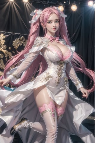 Playful pose, (Masterpiece), full body shot, best quality, high resolution, highly detailed, detailed background, movie lighting, 1girl, ((She has pink long hair, twintails, large breasts, cleavage 2.0)), green eyes, idol, ((revealing evening gown 2.0)), underbust, stage, microphone , stage lights, music, blush, sweet smile, sweat, concert, ruffles, confetti, hearts, hair accessories, hair bows, gems, jewelry, neon lights , bow tie , pointing, spotlight, sparkles, light particles, frame breasts, cross lace, white stockings,ryuubi,ruanyi0263,ruanyi0254