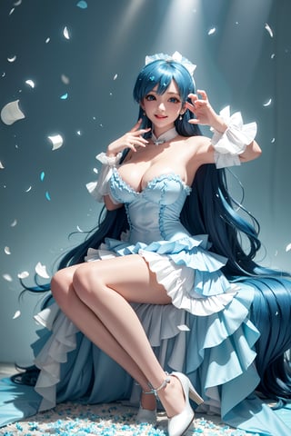 ((lady sitting, exposed breasts, She wears revealing blue frilled weeding dress, blue very long hair, large breasts 2.0)), cute pose, large breasts, cleavage , blue eyes, (Masterpiece), full body shot, best quality, high resolution, highly detailed, detailed background, movie lighting, 1girl, idol, underbust, stage, stage lights, music, blush, sweet smile, sweat, concert, ruffles, confetti, hearts, hair accessories, hair bows, gems, jewelry, neon lights , bow tie , pointing, spotlight, sparkles, light particles, frame breasts, cross lace, white stockings,ryuubi,lift skirt,hmnl,ho1