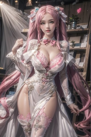 Playful pose, (Masterpiece), full body shot, best quality, high resolution, highly detailed, detailed background, movie lighting, 1girl, ((She has pink long hair, twintails, large breasts, cleavage 2.0)), green eyes, idol, ((revealing evening gown 2.0)), underbust, stage, microphone , stage lights, music, blush, sweet smile, sweat, concert, ruffles, confetti, hearts, hair accessories, hair bows, gems, jewelry, neon lights , bow tie , pointing, spotlight, sparkles, light particles, frame breasts, cross lace, white stockings,ryuubi,ruanyi0263,ruanyi0254