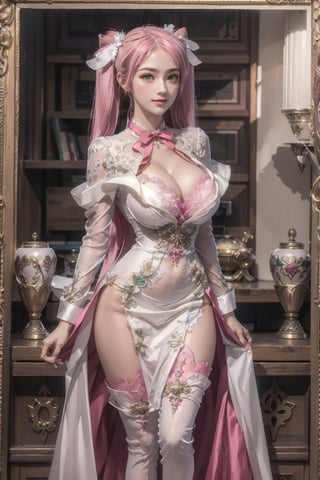 Playful pose, (Masterpiece), full body shot, best quality, high resolution, highly detailed, detailed background, movie lighting, 1girl, ((She has pink long hair, twintails, large breasts, cleavage 2.0)), green eyes, idol, ((revealing evening gown 2.0)), underbust, stage, microphone , stage lights, music, blush, sweet smile, sweat, concert, ruffles, confetti, hearts, hair accessories, hair bows, gems, jewelry, neon lights , bow tie , pointing, spotlight, sparkles, light particles, frame breasts, cross lace, white stockings,ryuubi,ruanyi0263,ruanyi0254