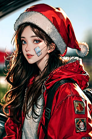 (masterpiece),,(best quality), 
1girl, solo, long hair, looking at viewer, long sleeves, hat, closed mouth, jacket, outdoors, hood, bag, blurry, fur trim, blurry background, stuffed toy, backpack, stuffed animal, hood down, ground vehicle, bandaid, hooded jacket, red headwear, motor vehicle, red jacket, santa hat, teddy bear, bandaid on face,Rosy Zhao
