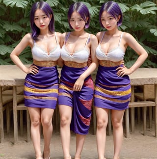 In a vibrant African savannah setting, three schoolgirls, dressed in traditional indigenous attire, pose together for a graduation trip celebration. Medium-boobed girls with white, blue, and purple hair styles wear glasses and sport short hairdos. The white-haired girl dons a colorful dashiki, while the blue-haired one wears a flowing kente cloth-inspired garment. Purple-haired beauty sports a trendy Ankara print dress. Everyone's expression is relaxed, with subtle moaning and panting faces, as they blend into local life amidst lush greenery and exotic wildlife. (Full-body shot: 1.4)