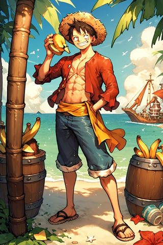 score_9_up, score_8_up, score_7_up, score_6_up, High quality, 1 boy, luffy, straw hat, Luffy, Smiling, male focus, solo, muscle, (full body), seashore, Pirate Ship, beach, bunch of bananas, eating banana,