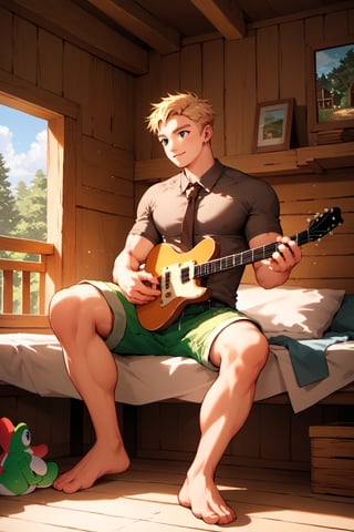 score_9, score_8_up, score_7_up, score_6_up, score_5_up, source_anime, good face, masterpiece, male focus, solo, toned_male, full body, Yoshi, Blonde Hair, Brown-Gray Shirt, muscle, Short Sleeves, Brown Necktie, Green Shorts, cabin, ((playing guitar)), sitting in bed,