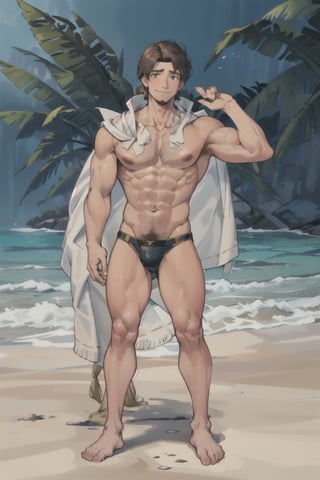 flynn_rider, beach, muscle, hairy leg, hairy chest, 1boy, swim_trunks, bright smile, full_body, flexing