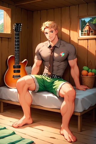 score_9, score_8_up, score_7_up, score_6_up, score_5_up, source_anime, good face, masterpiece, male focus, solo, toned_male, full body, Yoshi, Blonde Hair, Brown-Gray Shirt, muscle, Short Sleeves, Brown Necktie, Green Shorts, cabin, ((playing guitar)), sitting in bed,