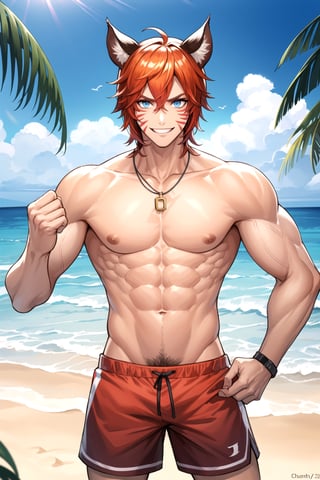 Gladi, Blue eyes, facial mark, beach, beach_shorts, shirtless, muscles, smile, champion, fighting, necklace, 