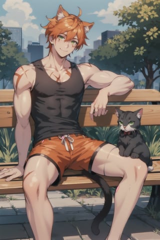 Roi, scar on face, Orange hair, Green eyes, defined muscles, solo, male, black tank_top, red shorts, barefeet, looking at viewer, smile, city ,1boy, sitting on a bench, cat ears, cat tail, hairy legs