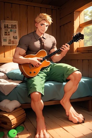 score_9, score_8_up, score_7_up, score_6_up, score_5_up, source_anime, good face, masterpiece, male focus, solo, toned_male, full body, Yoshi, Blonde Hair, Brown-Gray Shirt, muscle, Short Sleeves, Brown Necktie, Green Shorts, cabin, ((playing guitar)), sitting in bed, digitigrade_legs