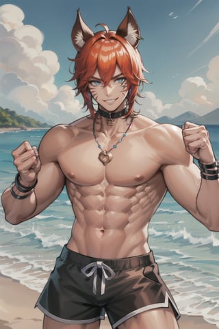Gladi, Blue eyes, facial mark, beach, beach_shorts, shirtless, muscles, smile, champion, fighting, necklace, pet