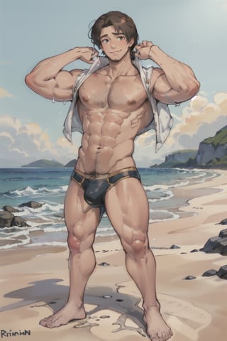 flynn_rider, beach, muscle, hairy leg, hairy chest, 1boy, swim_trunks, bright smile, full_body, flexing