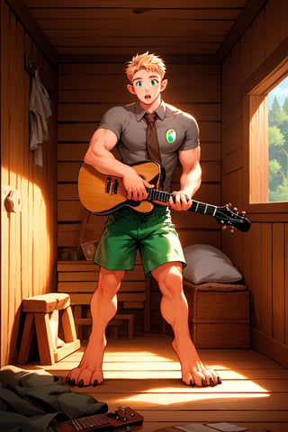 score_9, score_8_up, score_7_up, score_6_up, score_5_up, source_anime, good face, masterpiece, male focus, solo, toned_male, full body, Yoshi, Blonde Hair, Brown-Gray Shirt, muscle, Short Sleeves, Brown Necktie, Green Shorts, cabin, guitar, standing, surprised, (digitigrade_legs), ((ears bear)), 