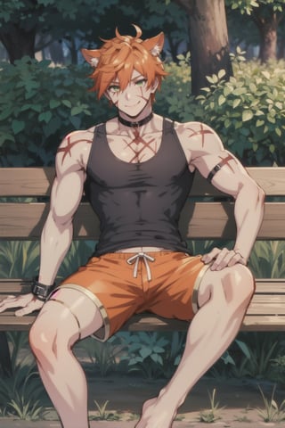 Roi, scar on face, Orange hair, Green eyes, defined muscles, solo, male, black tank_top, red shorts, barefeet, looking at viewer, smile, city ,1boy, sitting on a bench, cat ears