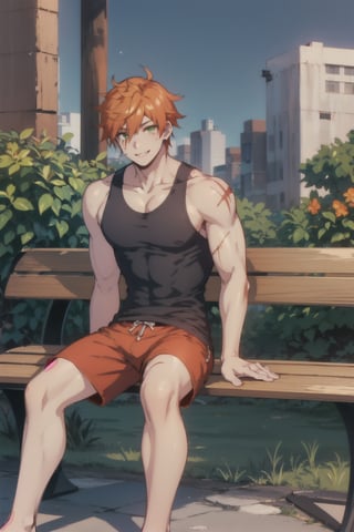 Roi, scar on face, Orange hair, Green eyes, defined muscles, solo, male, black tank_top, red shorts, barefeet, looking at viewer, smile, city ,1boy, sitting on a bench, 