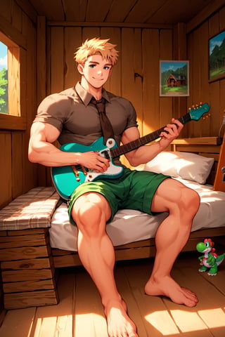 score_9, score_8_up, score_7_up, score_6_up, score_5_up, source_anime, good face, masterpiece, male focus, solo, toned_male, full body, Yoshi, Blonde Hair, Brown-Gray Shirt, muscle, Short Sleeves, Brown Necktie, Green Shorts, cabin, ((playing guitar)), sitting in bed,