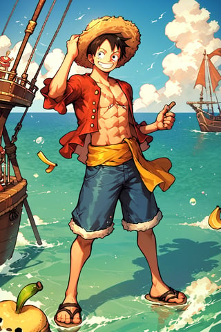 score_9_up, score_8_up, score_7_up, score_6_up, High quality, 1 boy, luffy, straw hat, Luffy, Smiling, male focus, solo, muscle, (full body), seashore, Pirate Ship, beach, mound of bananas, eating banana,