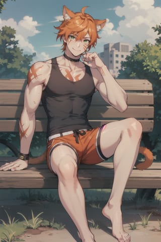 Roi, scar on face, Orange hair, Green eyes, defined muscles, solo, male, black tank_top, red shorts, barefeet, looking at viewer, smile, city ,1boy, sitting on a bench, cat ears, cat tail, hairy legs, digitigrade_legs