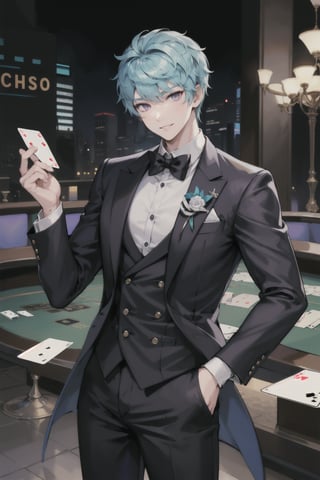 1boy, Esker, blue hair, Purple eyes, solo muscle, casino, playing cards, trusted, elegant suit