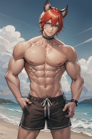 Gladi, Blue eyes, facial mark, beach, beach_shorts, shirtless, muscles, Red hair