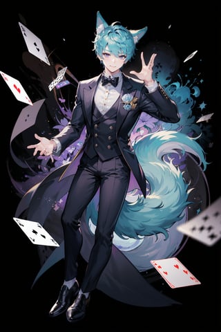 1boy, Esker, blue hair, Purple eyes, solo muscle, full body, (casino), playing cards, trusted, elegant suit, fox ears, (1 fox tail), 