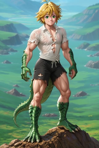 meliodas_nanatsu_no_taizai, blonde hair, green eyes, solo, male, full body, depth of field, white shirt, black shorts, smile, barefeet, standing, Ripped shirt, muscle, shiny scales, green scales, claws on feet, good face