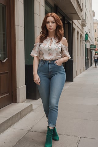 standing, full body, solo, Female; Shoulder-length wavy auburn hair with (emerald green eyes:1.1); Caucasian with Irish and Italian ancestry; curvy body type; 28 years old; dressed in a floral blouse, high-waisted jeans, and ankle boots.