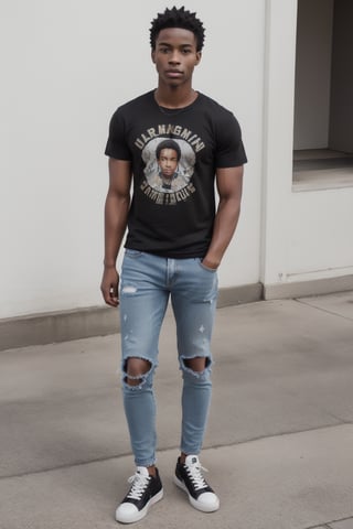 detailed face, standing, full body, solo, male, Short, tightly coiled black hair; dark brown eyes; African American with Jamaican and Nigerian heritage; athletic body type; 17 years old; dressed in ripped jeans, a graphic t-shirt and multicolor sneakers.



