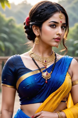 1girl, solo, breasts, looking at viewer, blue eyes, black hair, blue and yellow saree, dress, jewelry, closed mouth, upper body, braid, earrings, necklace, mole, lips, eyelashes, makeup, realistic, nose,photorealistic,Indian,aesthetic portrait,glitter,p3rfect boobs, breast visible, nipple visible , breast exposed, nipple hard, boobs visible, no bra , 