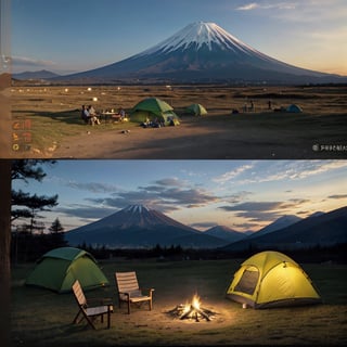 Draw a future camping scene at the foot of Mount Fuji。There are thousands of tents scattered on the green ground in the scene,people gather together,Enjoy the beauty of nature。The specific description is as follows：

1. on the left side of the screen,The morning sun shines through the leaves of the trees,Shining on the tent and green ground,Showing the fresh morning scent。Campers on tents are waking up,Someone is poking his head out of the tent,Some people are already standing outside,Enjoying the beauty of the morning。

2. in the center of the screen,The sunset is setting in the west,The sky takes on a golden hue。Many campers sit together,Shared dinner,The scene is filled with laughter and conversation.。Mount Fuji in the sunset,Presenting a magnificent and mysterious scene,refreshing。

3. on the right side of the screen,night falls,starry sky。Many stars are shining brightly,The Milky Way hangs high in the sky,Like a bright strip of light。Bonfire lit at campsite,lit up the whole night,People sit around the fire,Sing、Chatting,spend quality time together。

The whole picture is full of warmth、Joyful and peaceful atmosphere,Showing a beautiful picture of harmonious coexistence between man and nature。
