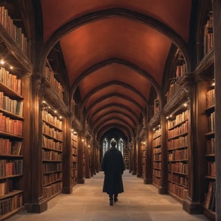 there is a picture of a book store with a man walking through it, gothic epic library concept, gothic epic library, gothic library, library of ruina concept art, ancient library, books cave, magic library, an eternal library, gloomy library, dusty library, alchemist library background, borne space library artwork, vast library, castle library, dark library, endless books