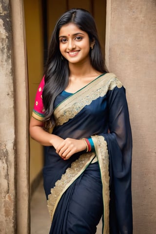 a slim and beautiful indian girl, age 20 year, head to LEG portrait, long black and thick hair,indian GIRL style, wearing INDIAN SAARI,SMILE FACE,anya_chalotra