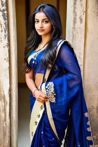 a slim and beautiful indian girl, age 20 year, head to LEG portrait, long black and thick hair,indian GIRL style, wearing INDIAN SAARI